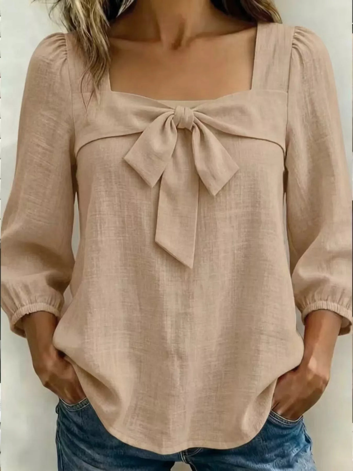 Khaki bow front blouse front view