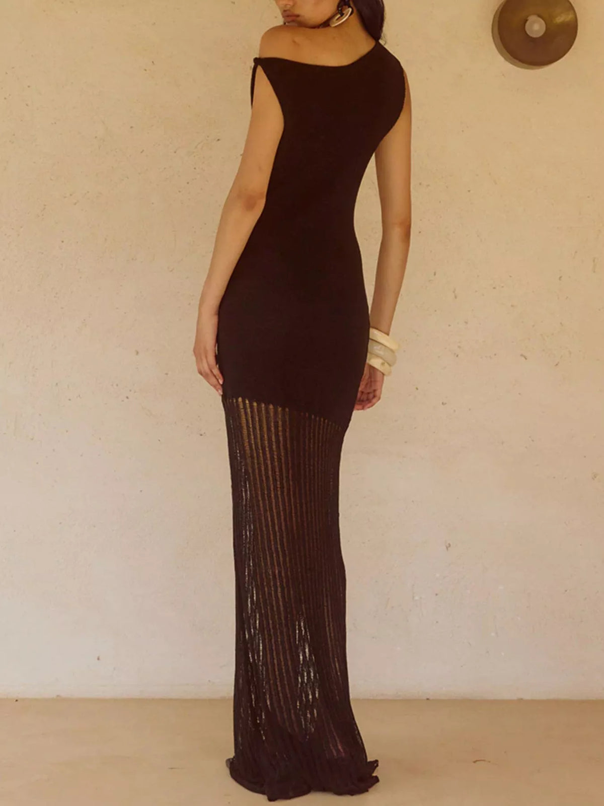 One Shoulder Fringe Maxi Dress styled on model