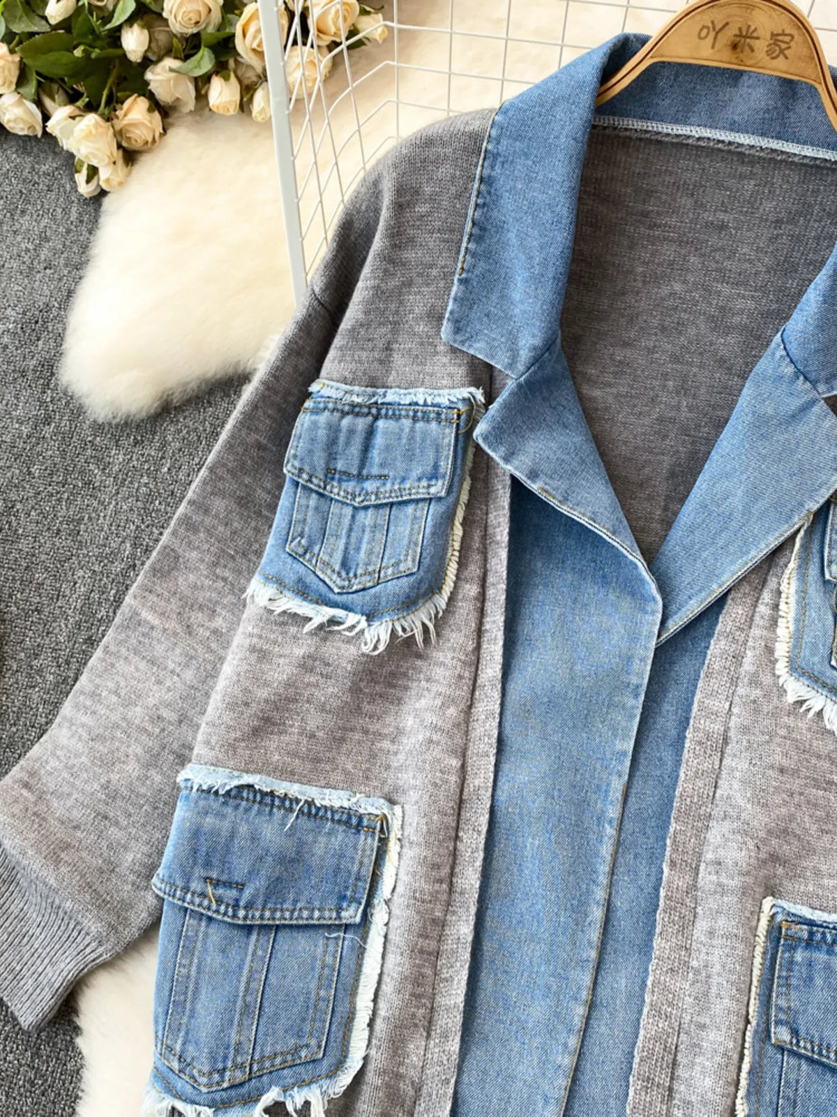 raw hem patchwork pocket cardigan flat lay view