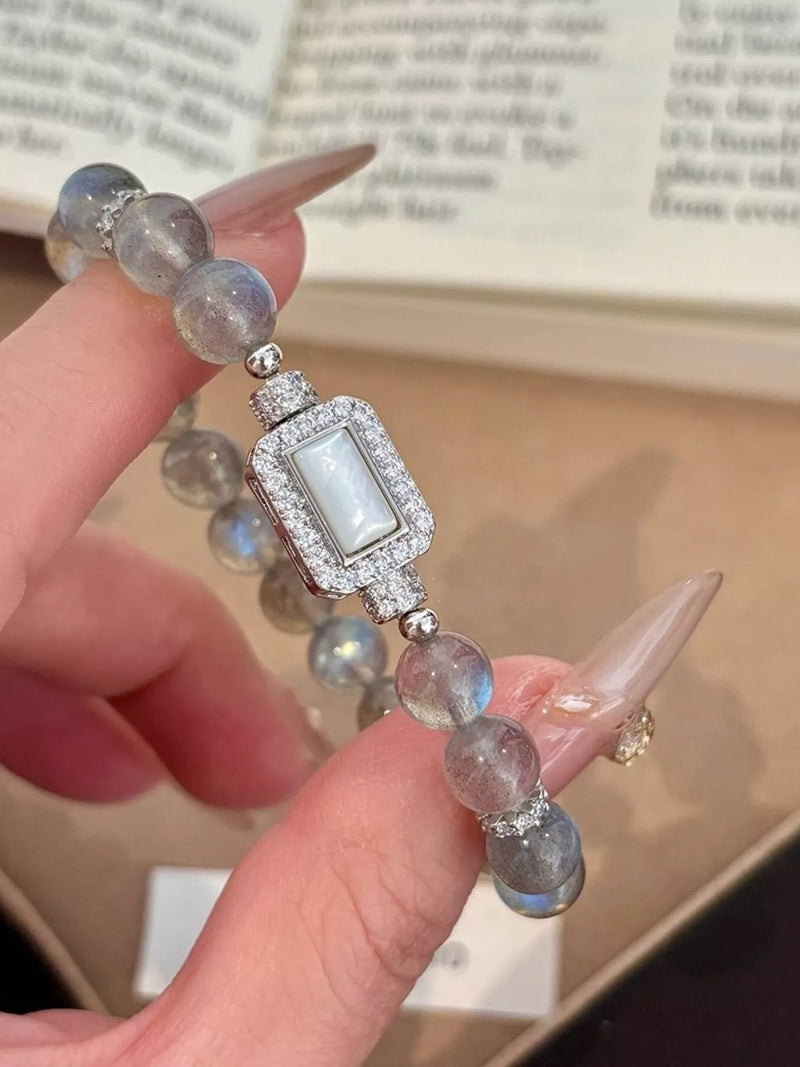 Silver moonstone beaded bracelet front view