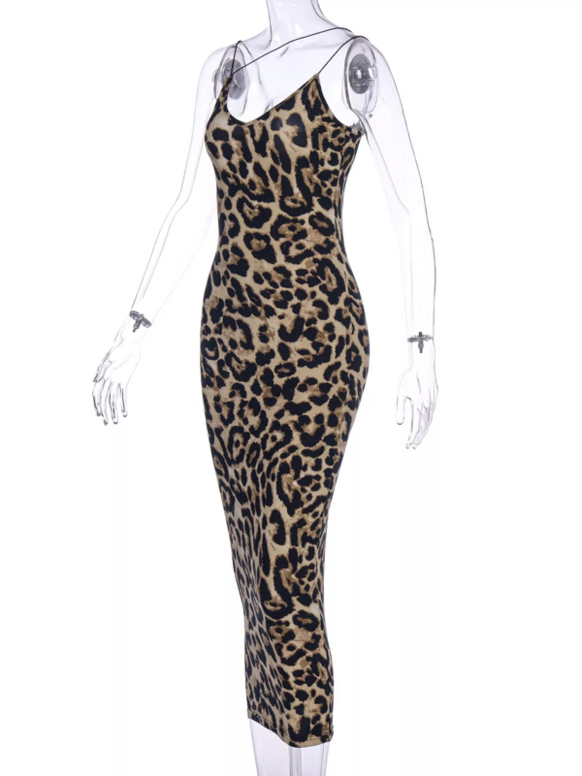 Leopard print slip dress shown full length on model
