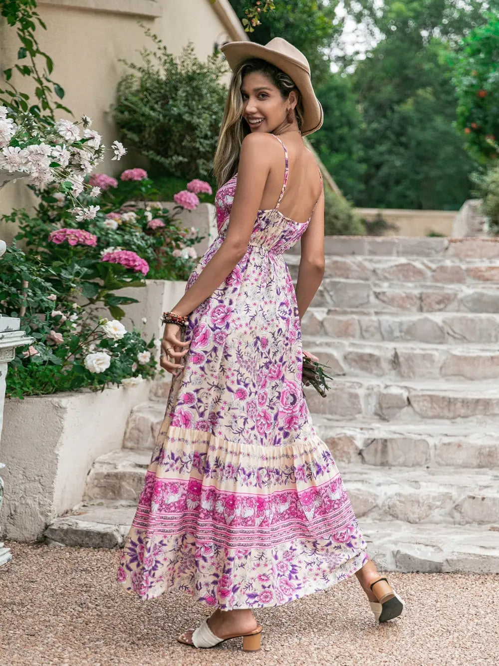 Pink tassel printed V neck maxi dress, bodice and neckline detail