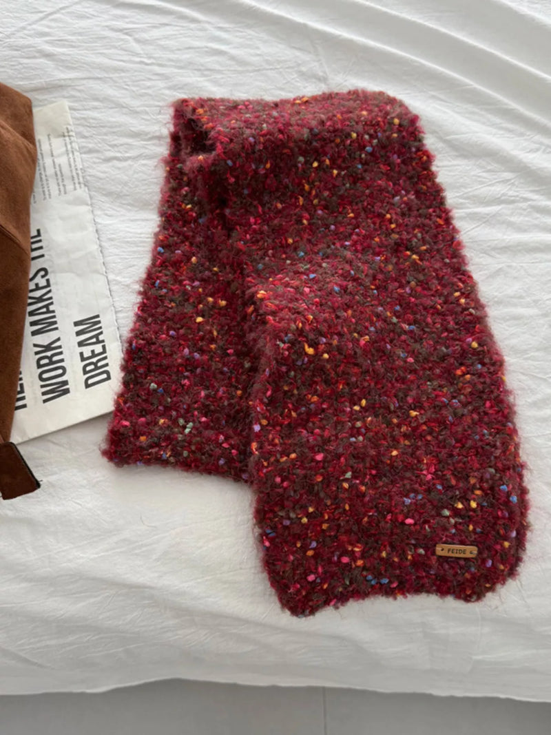Cozy knitted multicolor speckled scarf front view