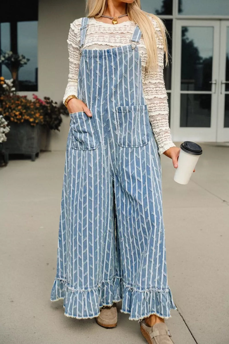 Striped distressed ruffled wide leg denim overalls front view