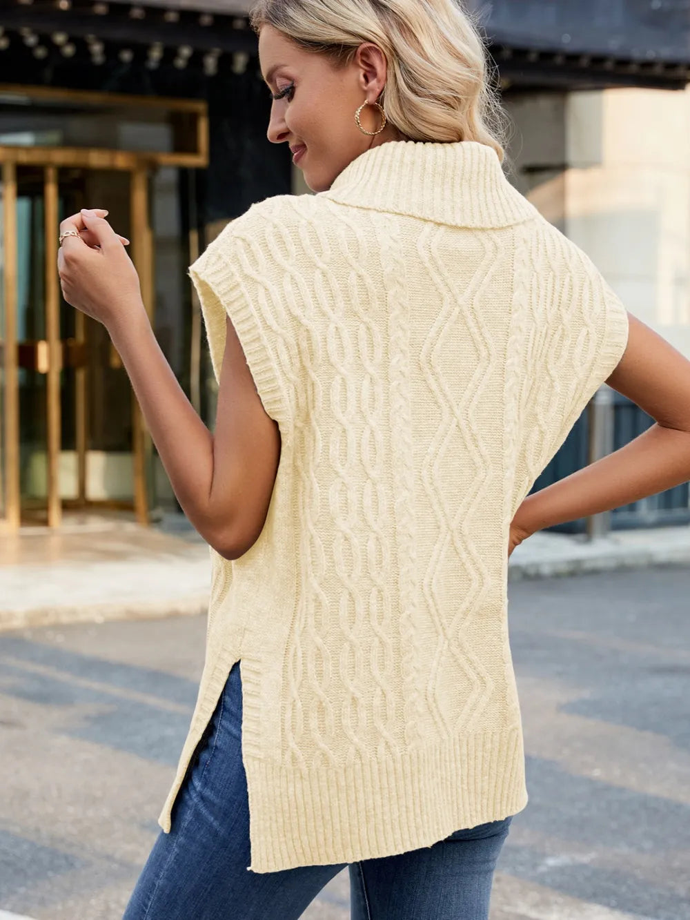 Side Slit Turtleneck Sweater Vest in Caramel view 10