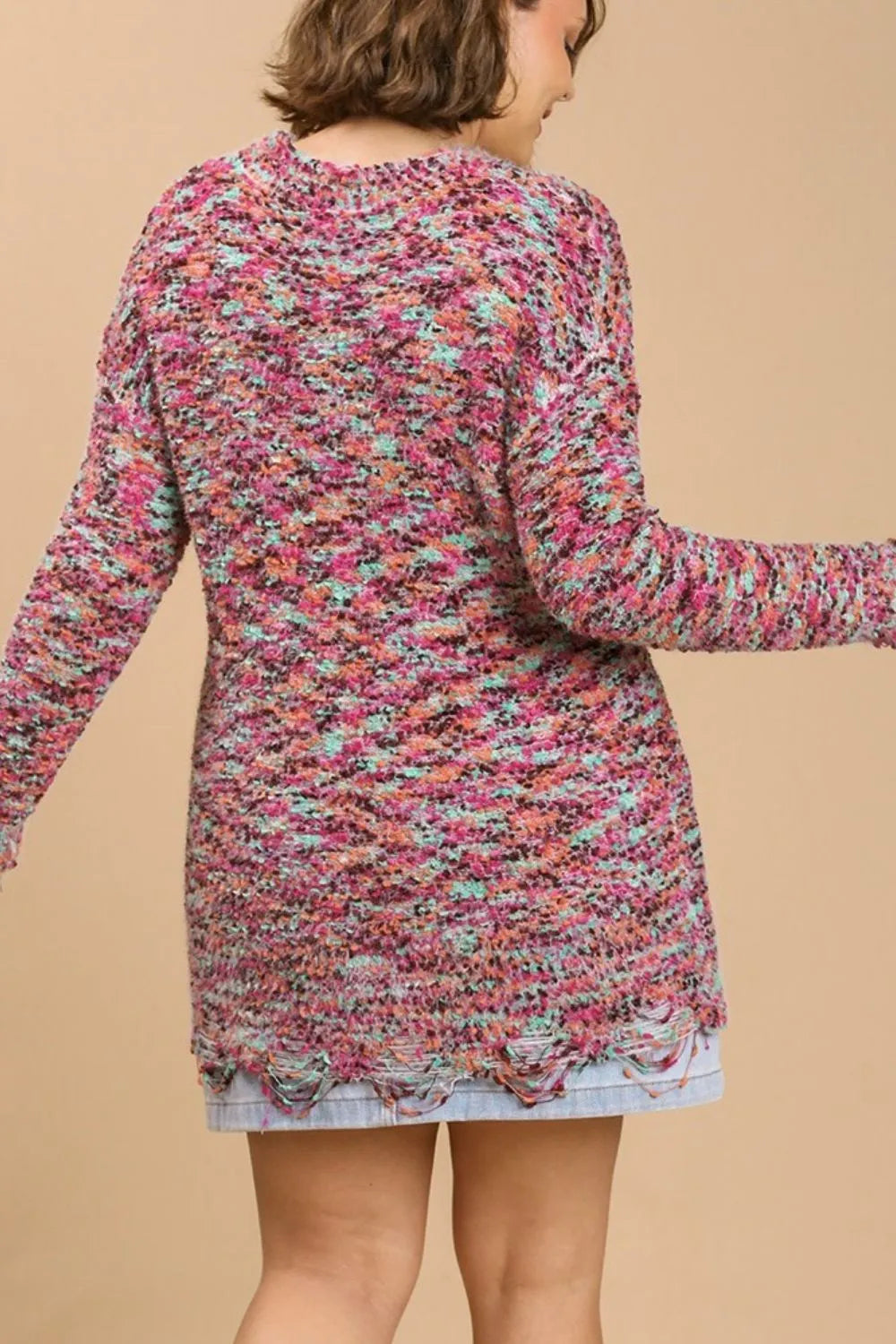 Distressed Hem Multicolored Round Neck Knit Tunic Dress on model