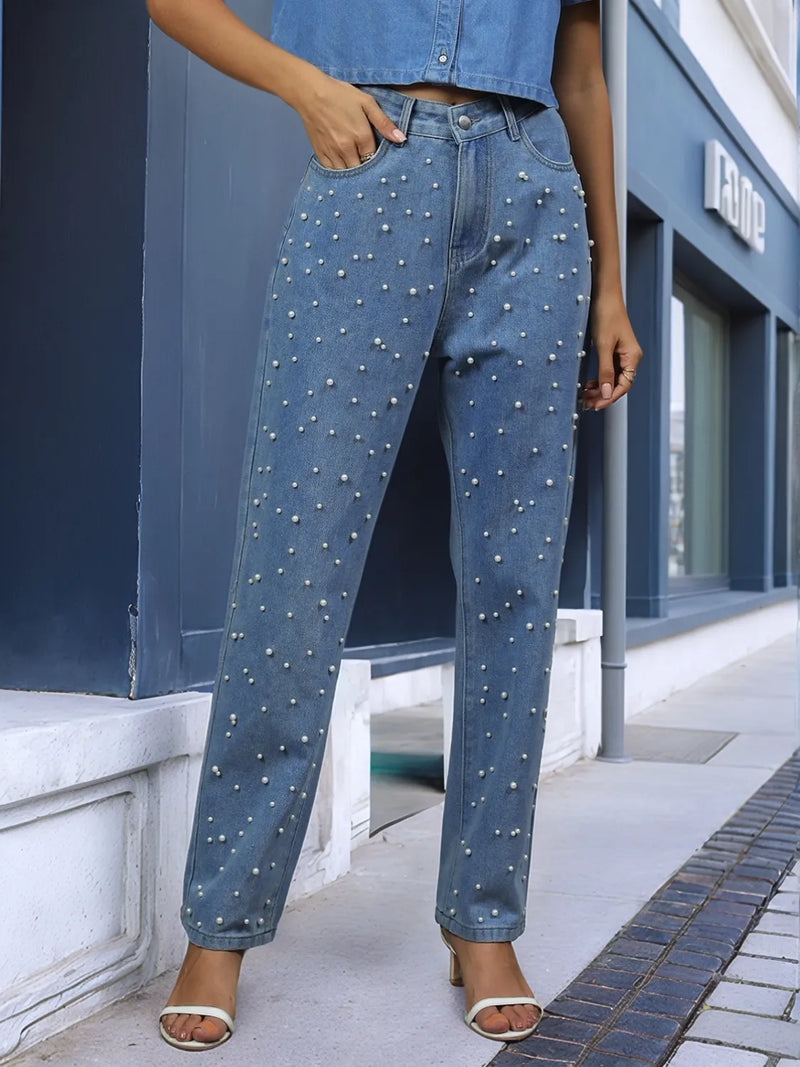 Pearl detail jeans front view