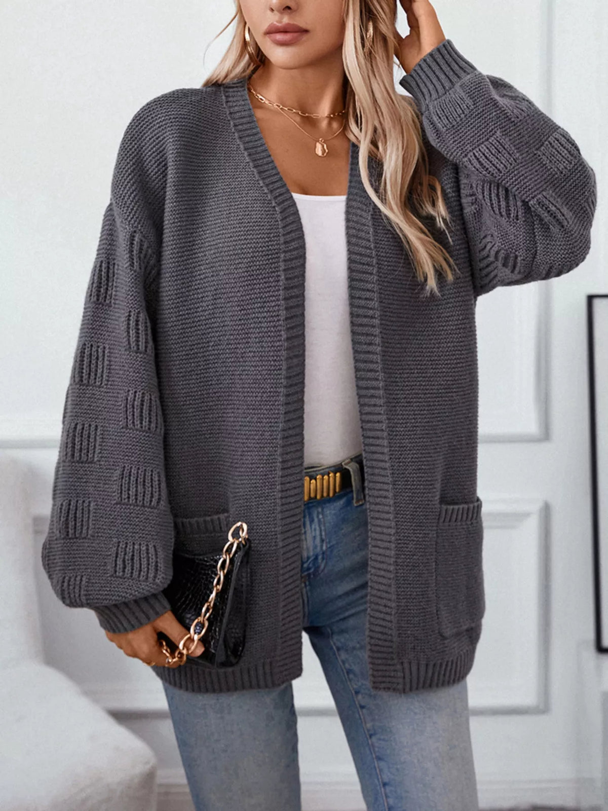 textured knit open front cardigan side view