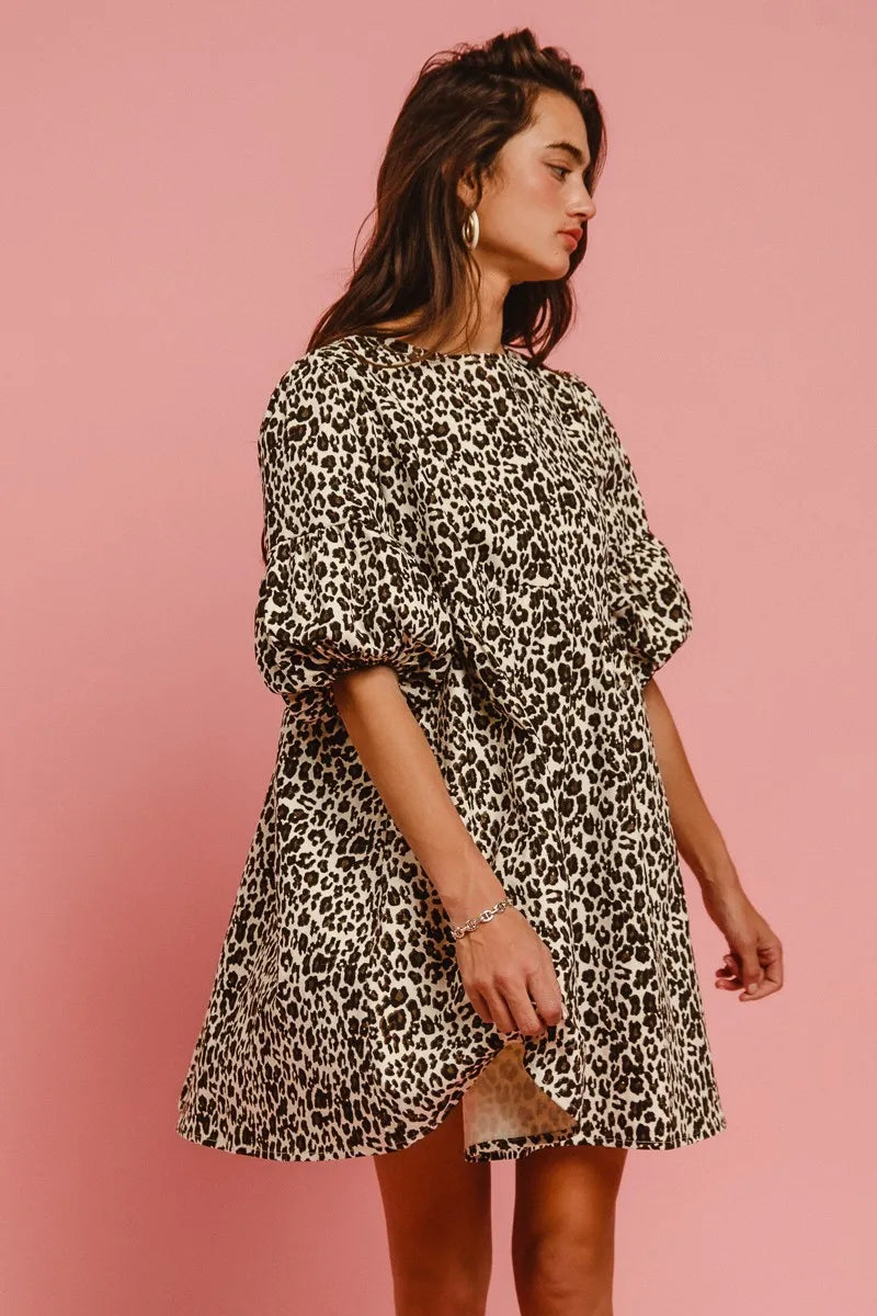 BiBi Leopard Denim Dress With Back Contrast Tie Detail - Fashorio