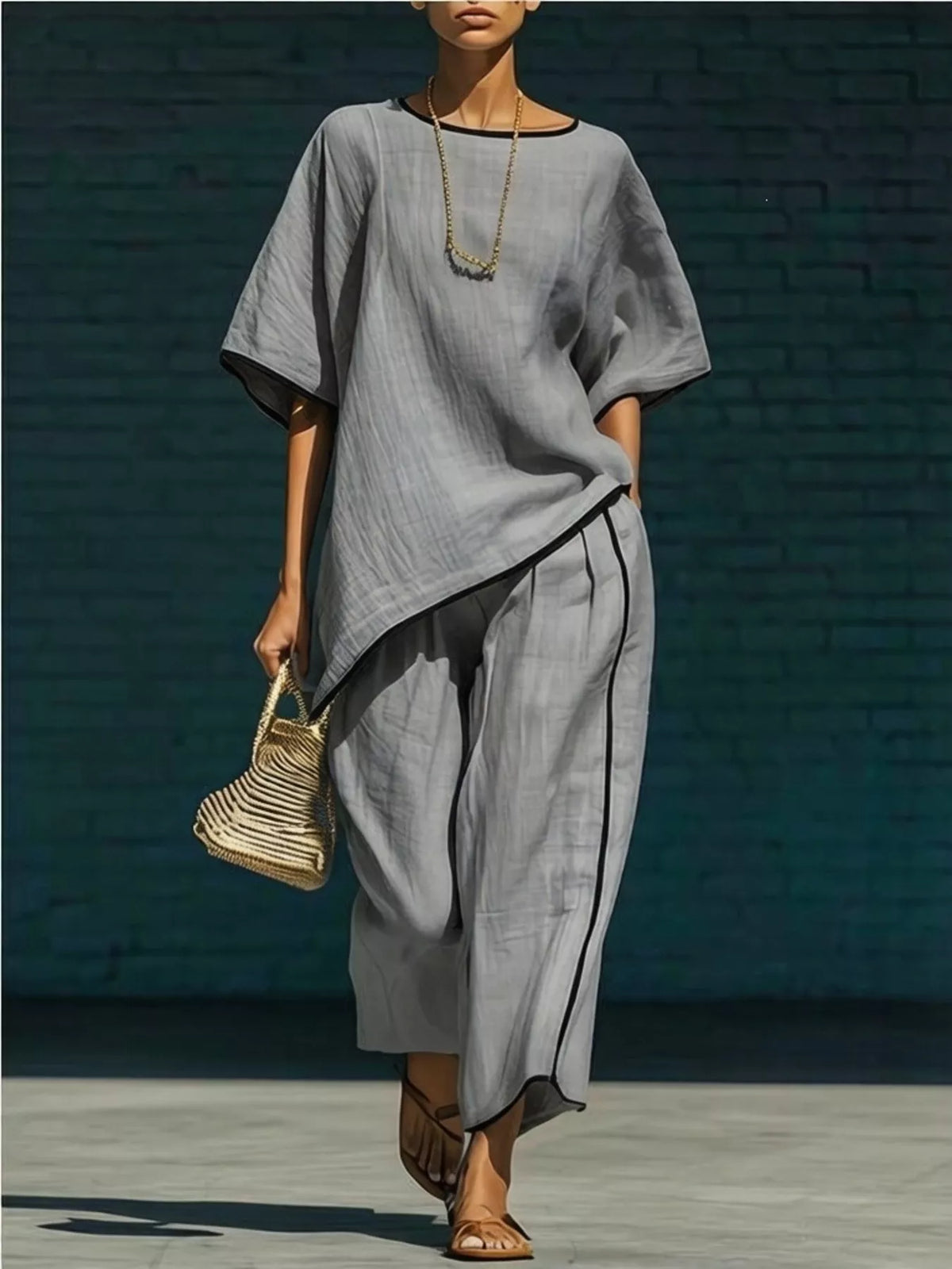 Round neck pants set additional color