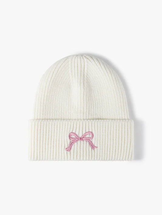 Embroidered Bow Knit Hat White One Size - Fashorio