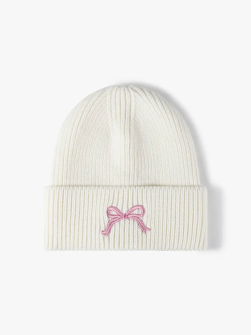 Embroidered bow knit beanie front view