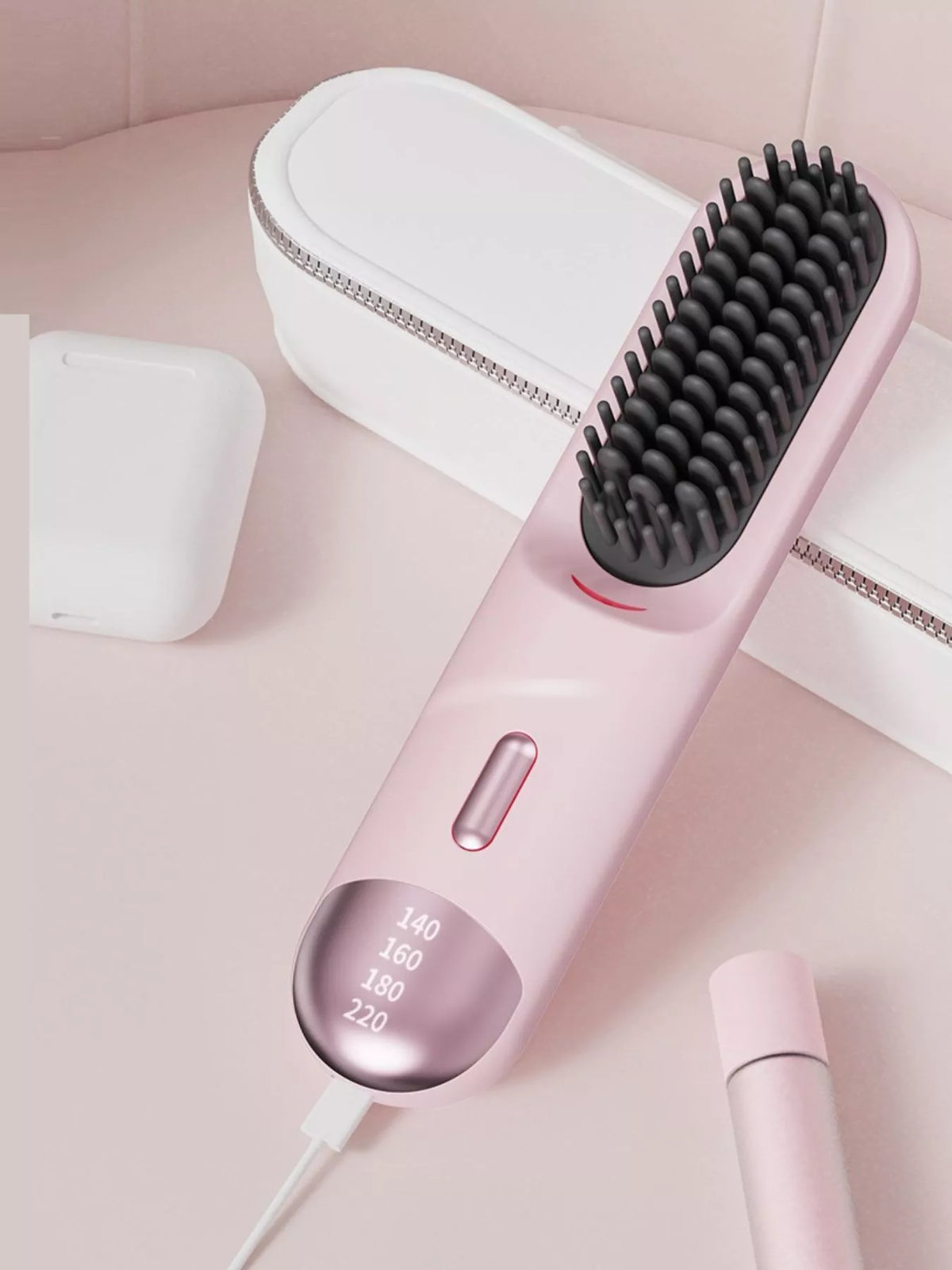 Heated straightening comb bristles close up
