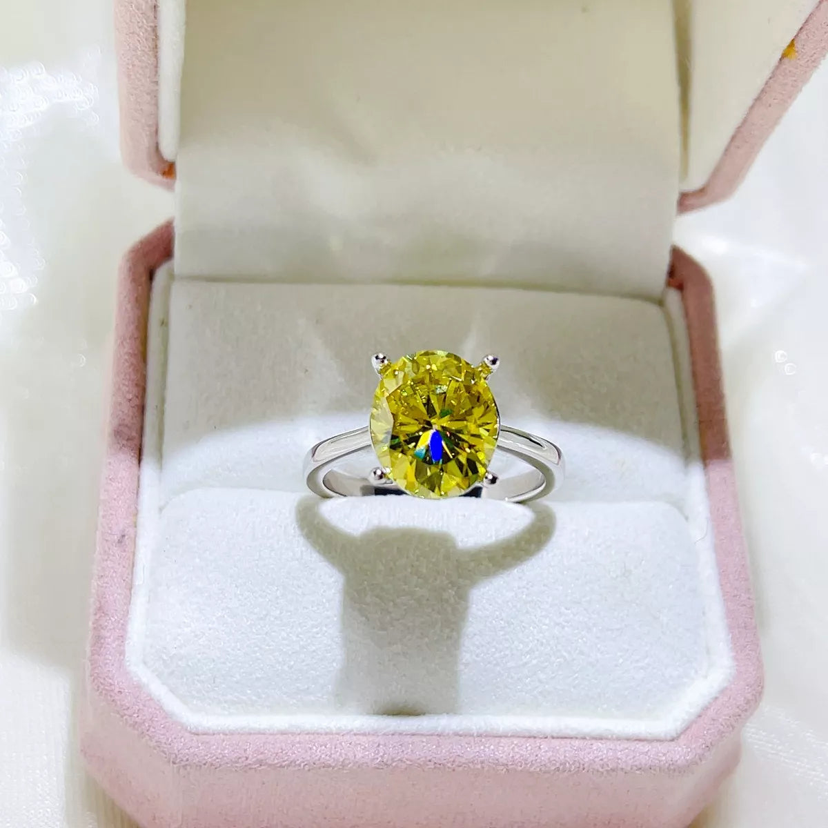 Five carat moissanite ring worn on the hand