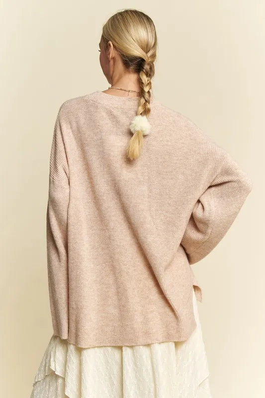 High Low Round Neck Drop Shoulder Sweater in Oatmeal side view
