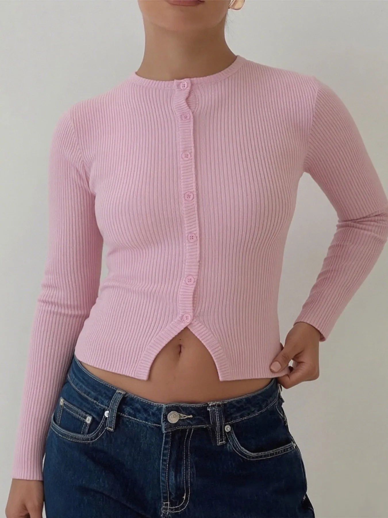 Ribbed Button-Up Cardigan Pink - Fashorio