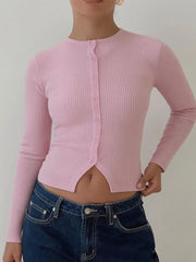 Ribbed Button-Up Cardigan Pink - Fashorio