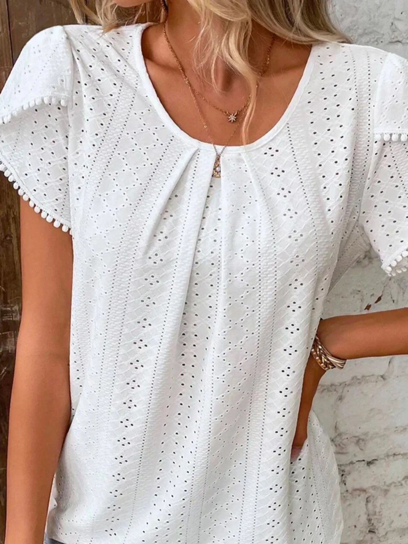 Eyelet Petal Sleeve Top with Pom Pom Trim - Fashorio
