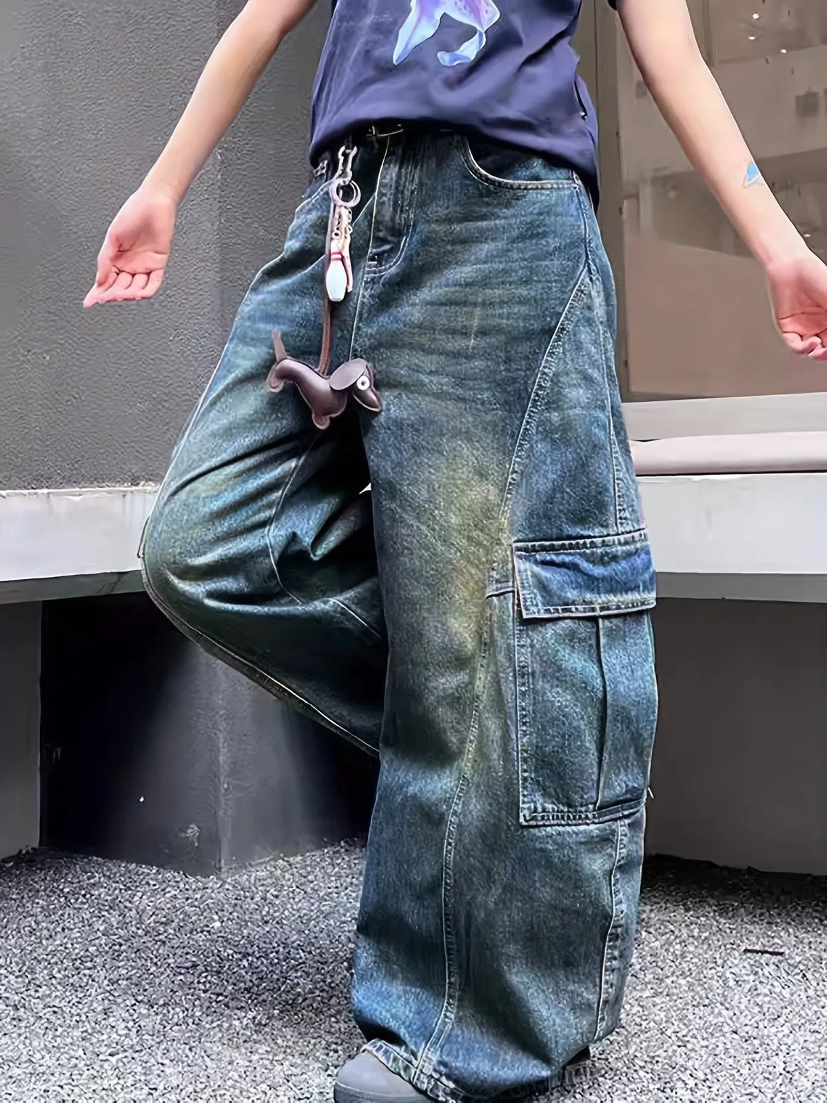 Back view of vintage wash wide leg cargo jeans
