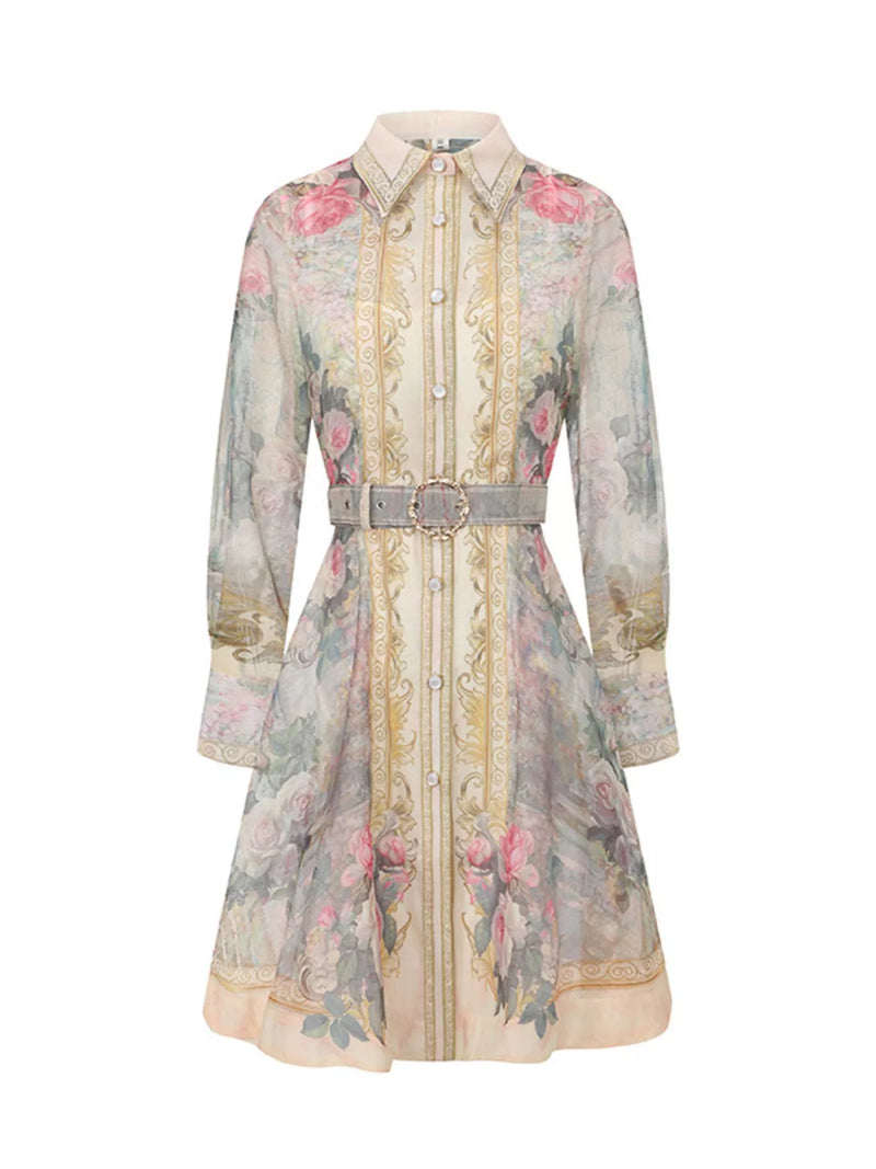 Floral print belted shirt dress front view