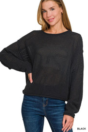 Zenana Textured Drop Shoulder Knit Top BLACK - Fashorio