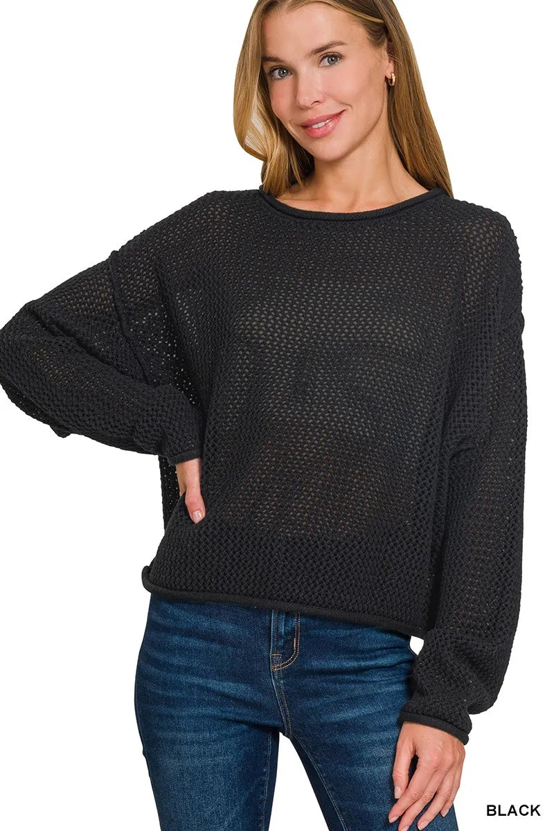 Zenana Textured Drop Shoulder Knit Top BLACK - Fashorio