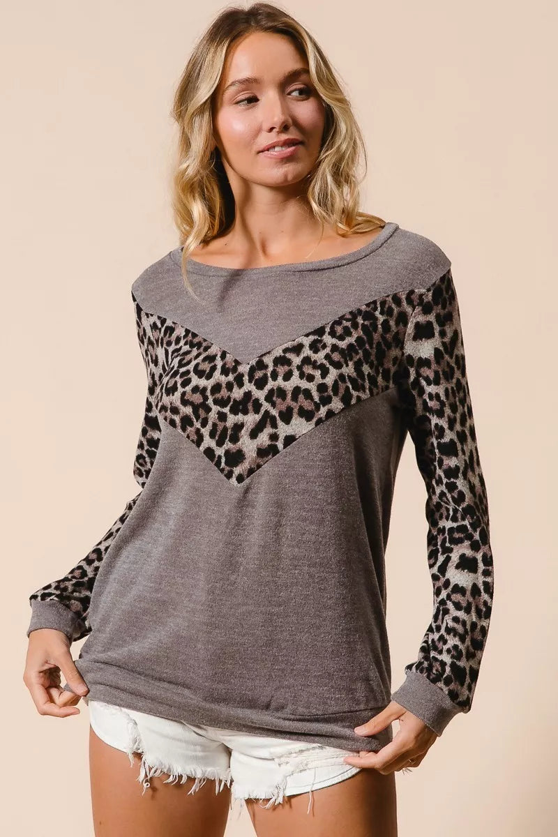 BiBi Sweater Knit Top With Leopard V Shape Block - Fashorio