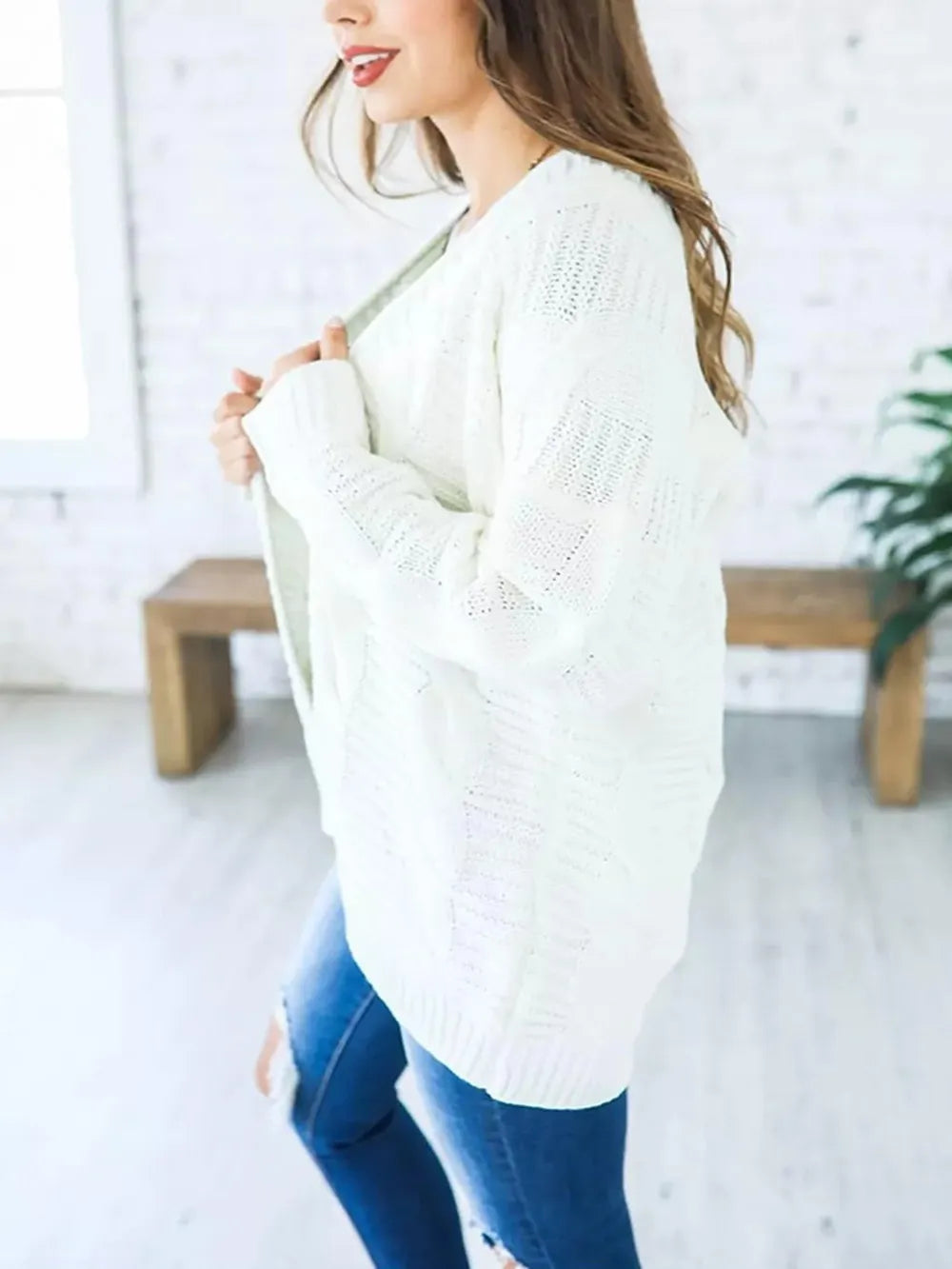 Cable-Knit Open Front Long Sleeve Cardigan - Fashorio