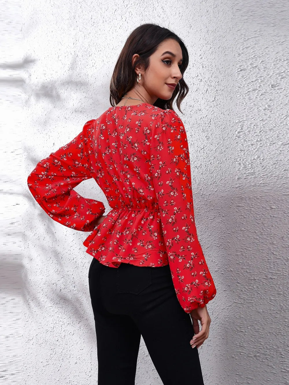 Floral V-Neck Balloon Sleeve Peplum Blouse - Fashorio
