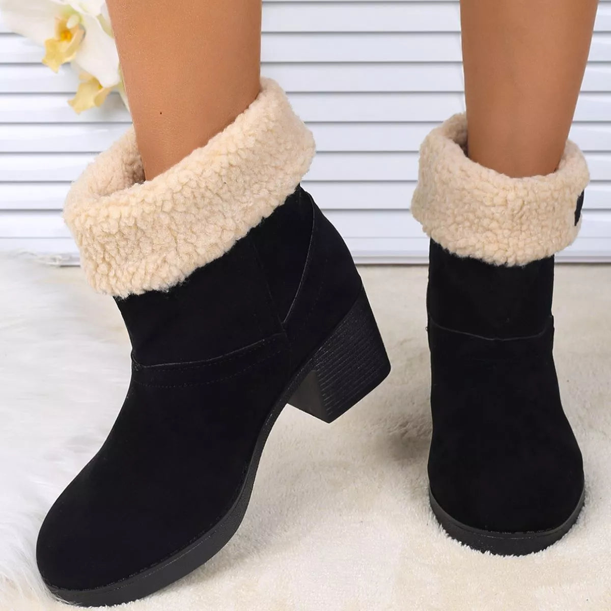 Plush Cuff Block Heel Boots top down view