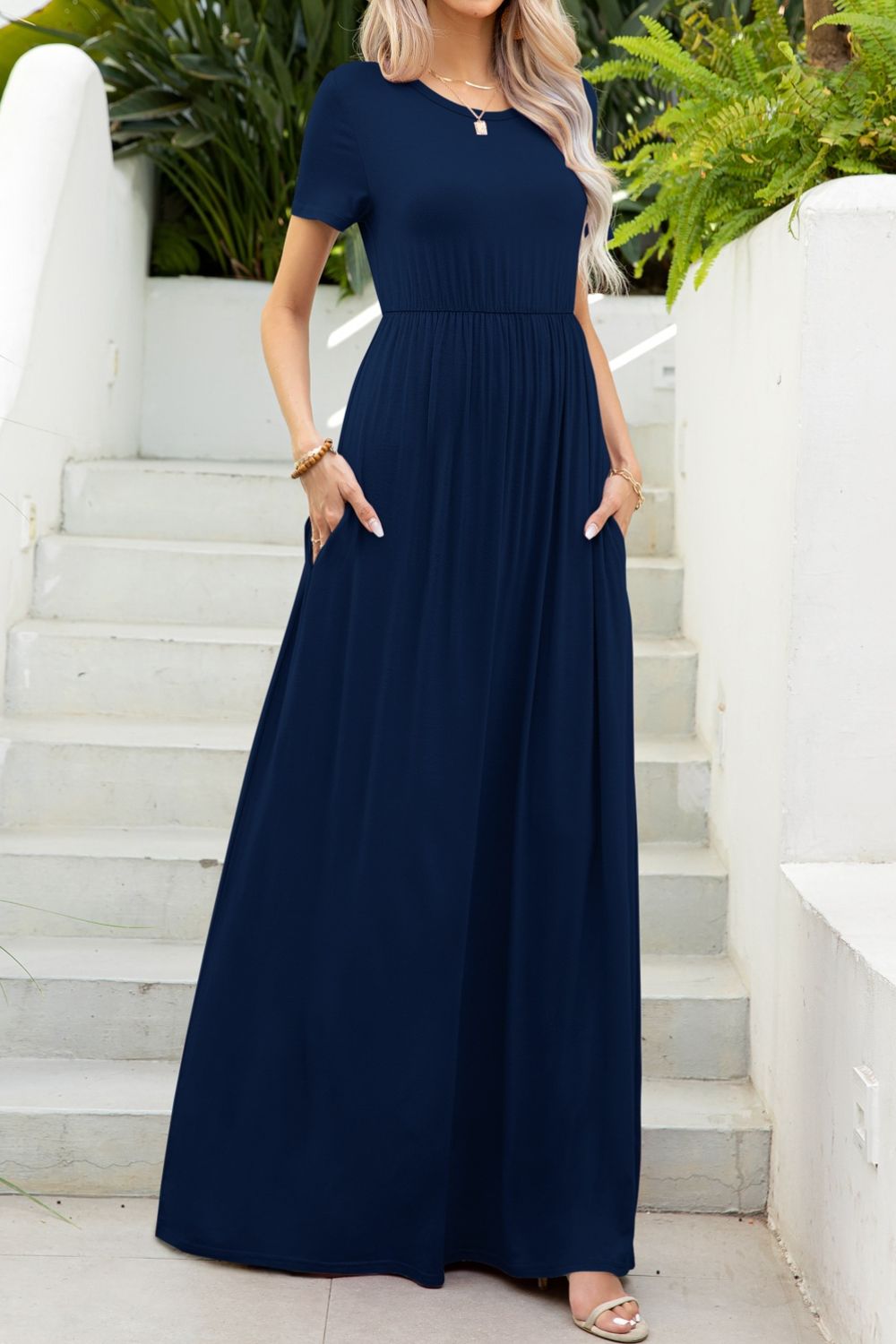 round neck maxi tee dress with pockets hem detail