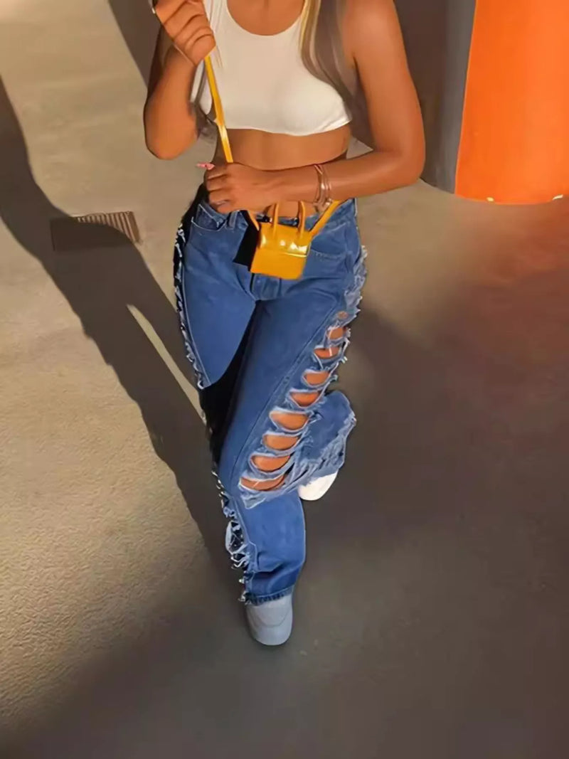 Side distressed lace up jeans front view