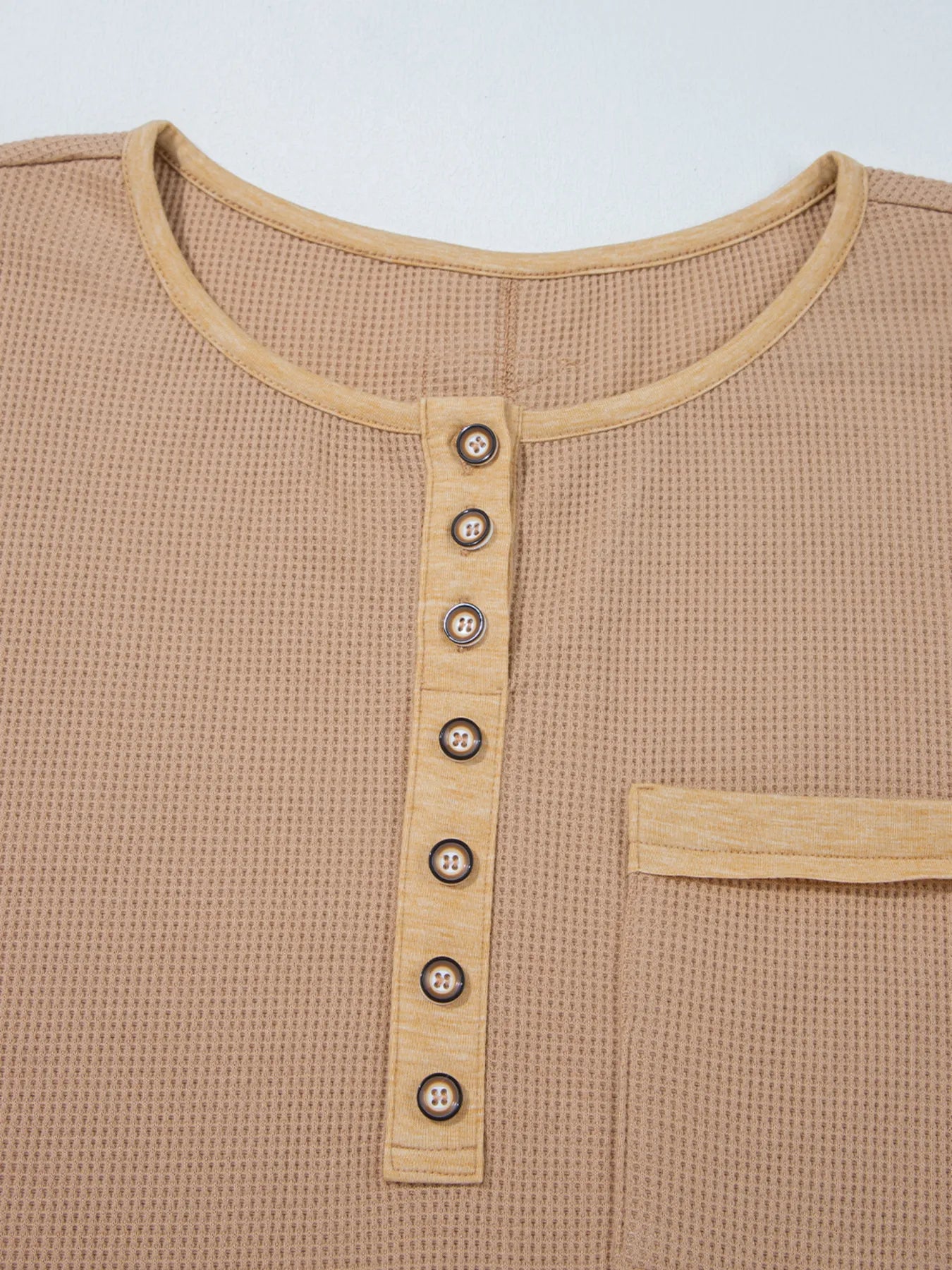 Waffle Textured Tunic Henley Top with Slits - Fashorio