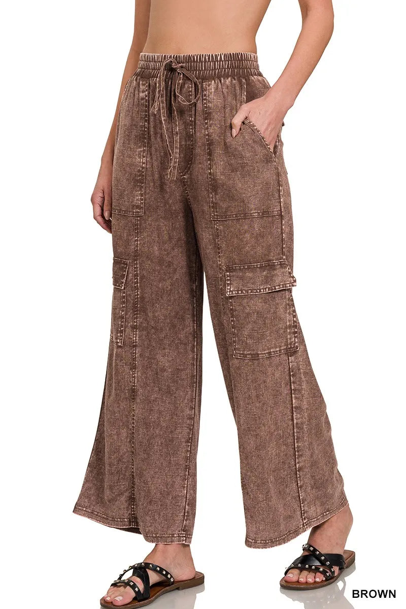 Zenana Washed Linen Elastic Band Waist Cargo Pants BROWN - Fashorio