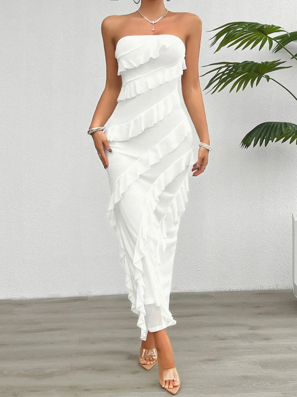 Strapless tube maxi dress with ruffled back slit, front view