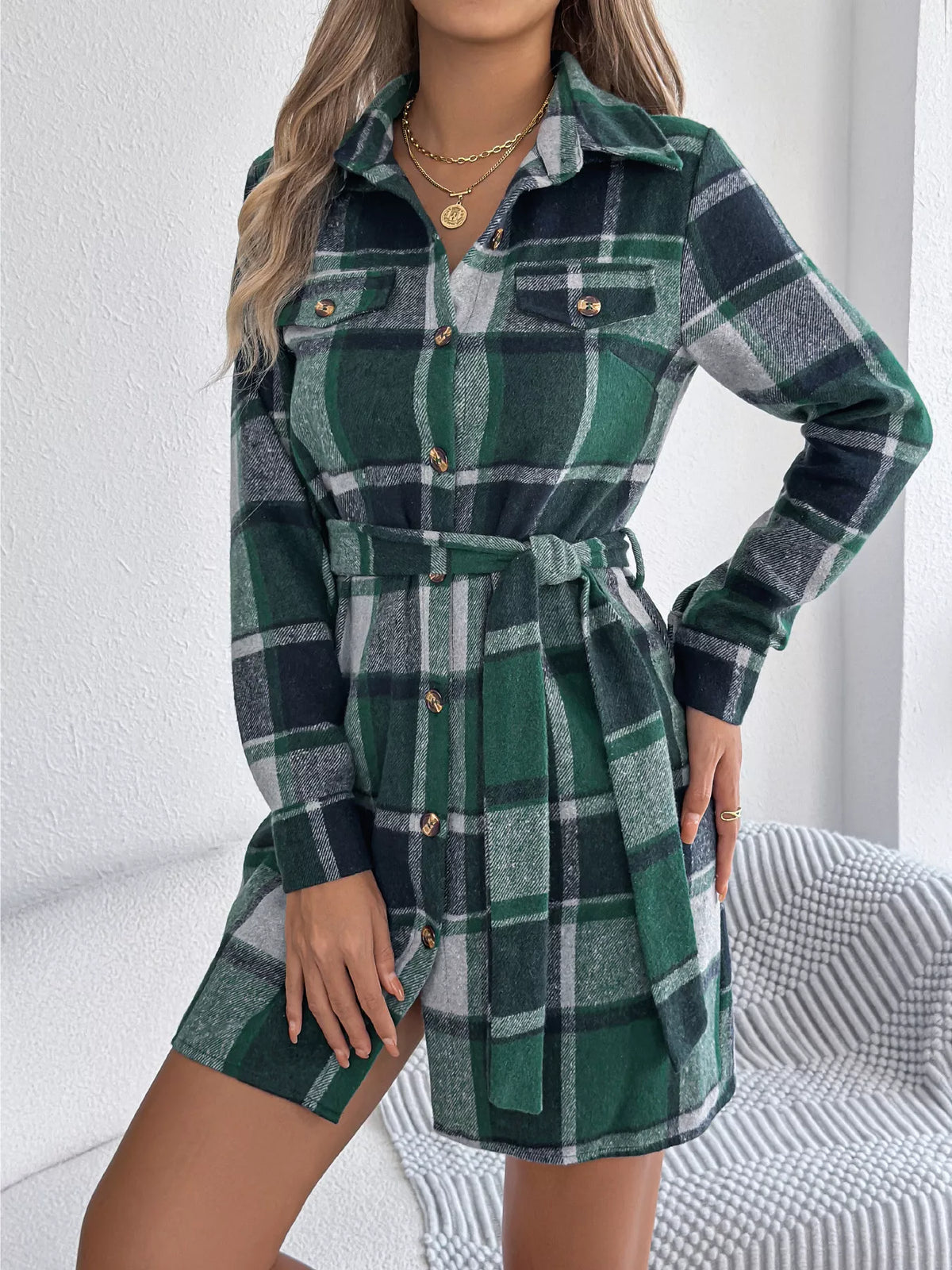 Plaid Tie Waist Shirt Dress in Green