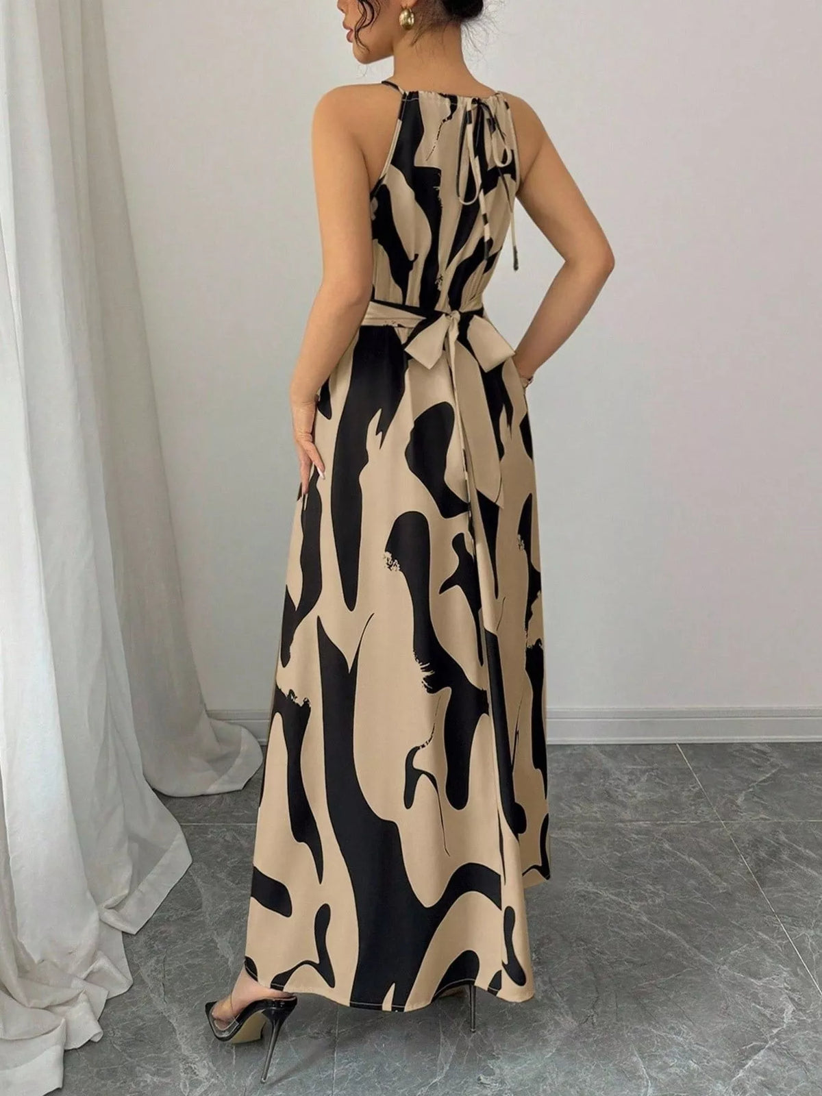 Abstract print halter neck maxi dress back view