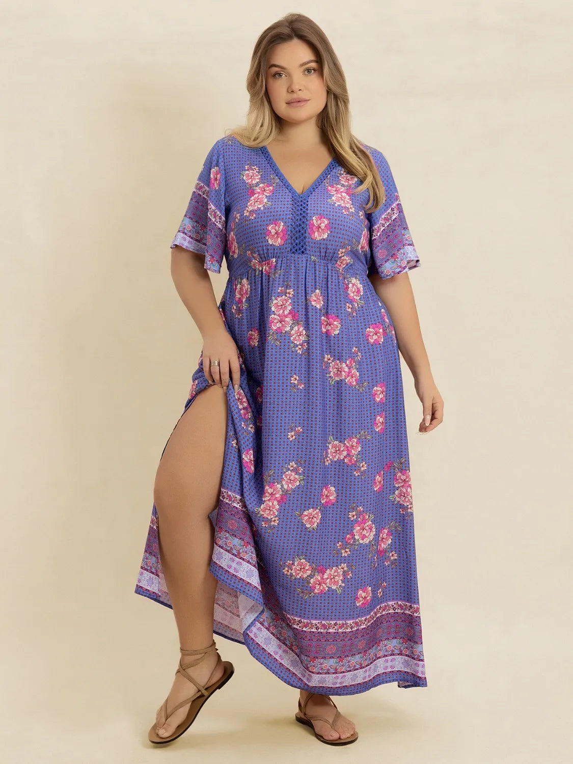 blue purple plus size printed v neck flutter sleeve dress detail