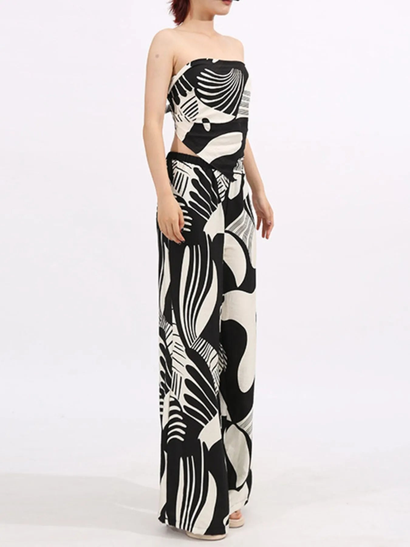 Abstract Print Tube Top and Wide Leg Pants Two-Piece Set - Fashorio