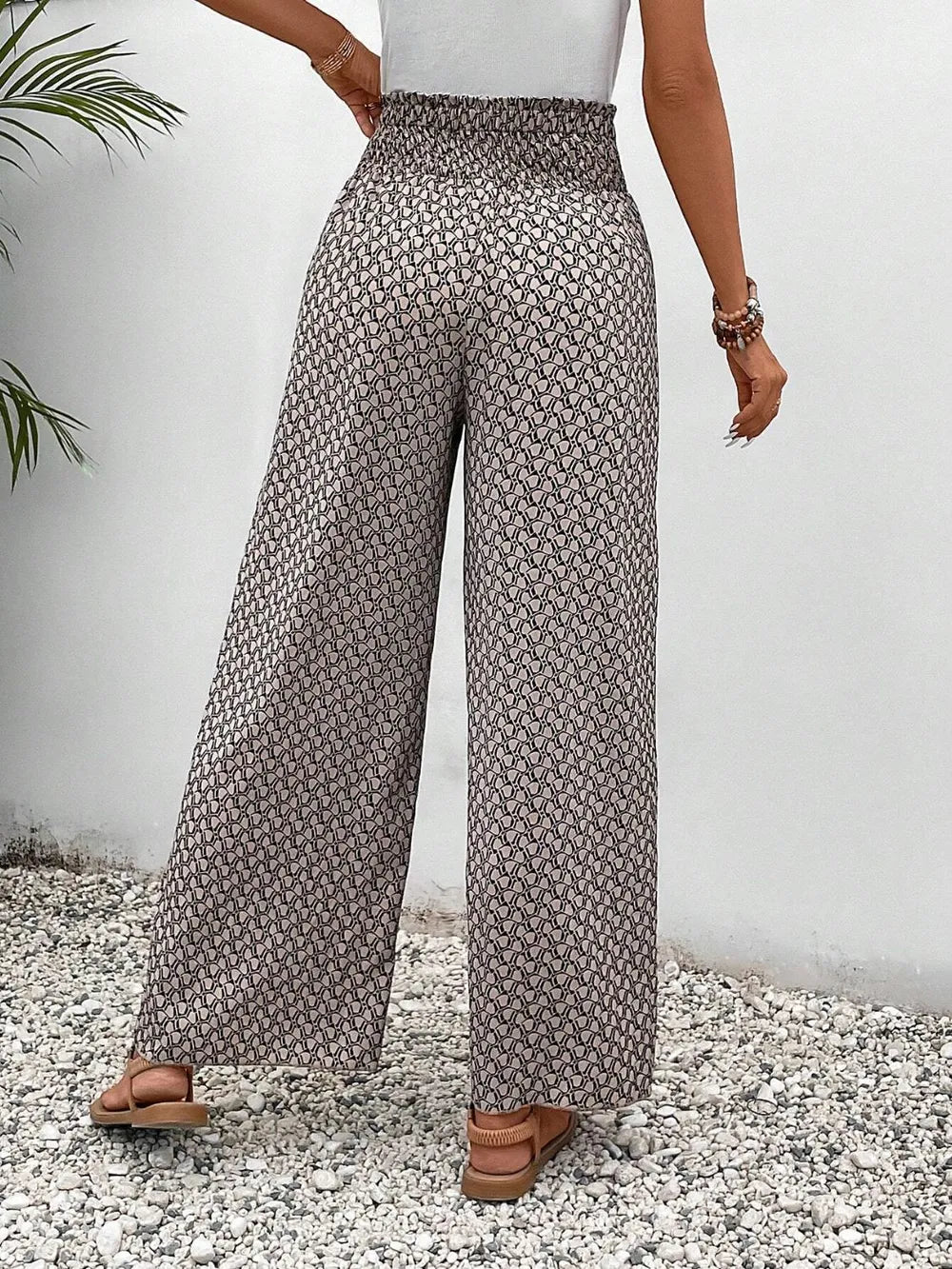 Tie waist wide leg pants walking pose