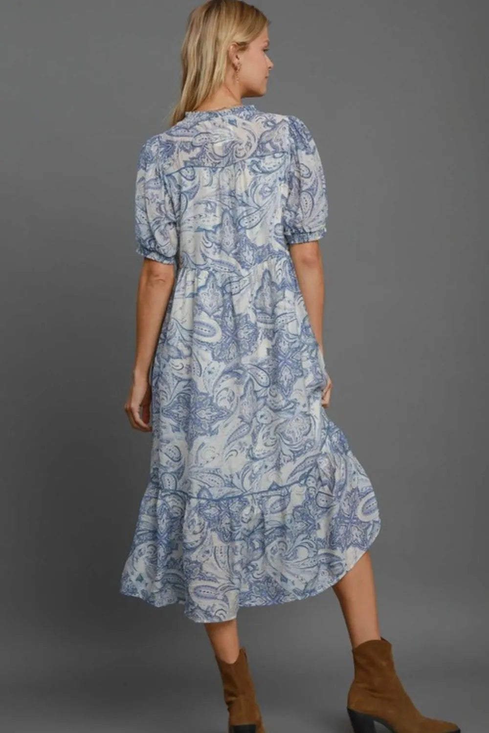 Printed Puff Short Sleeve Midi Dress side view