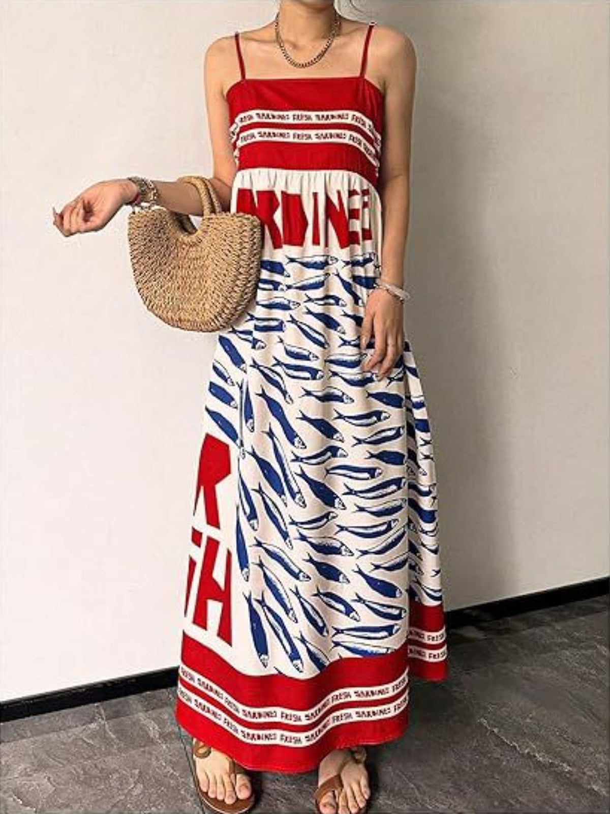 Sardine print spaghetti strap maxi dress three quarter view