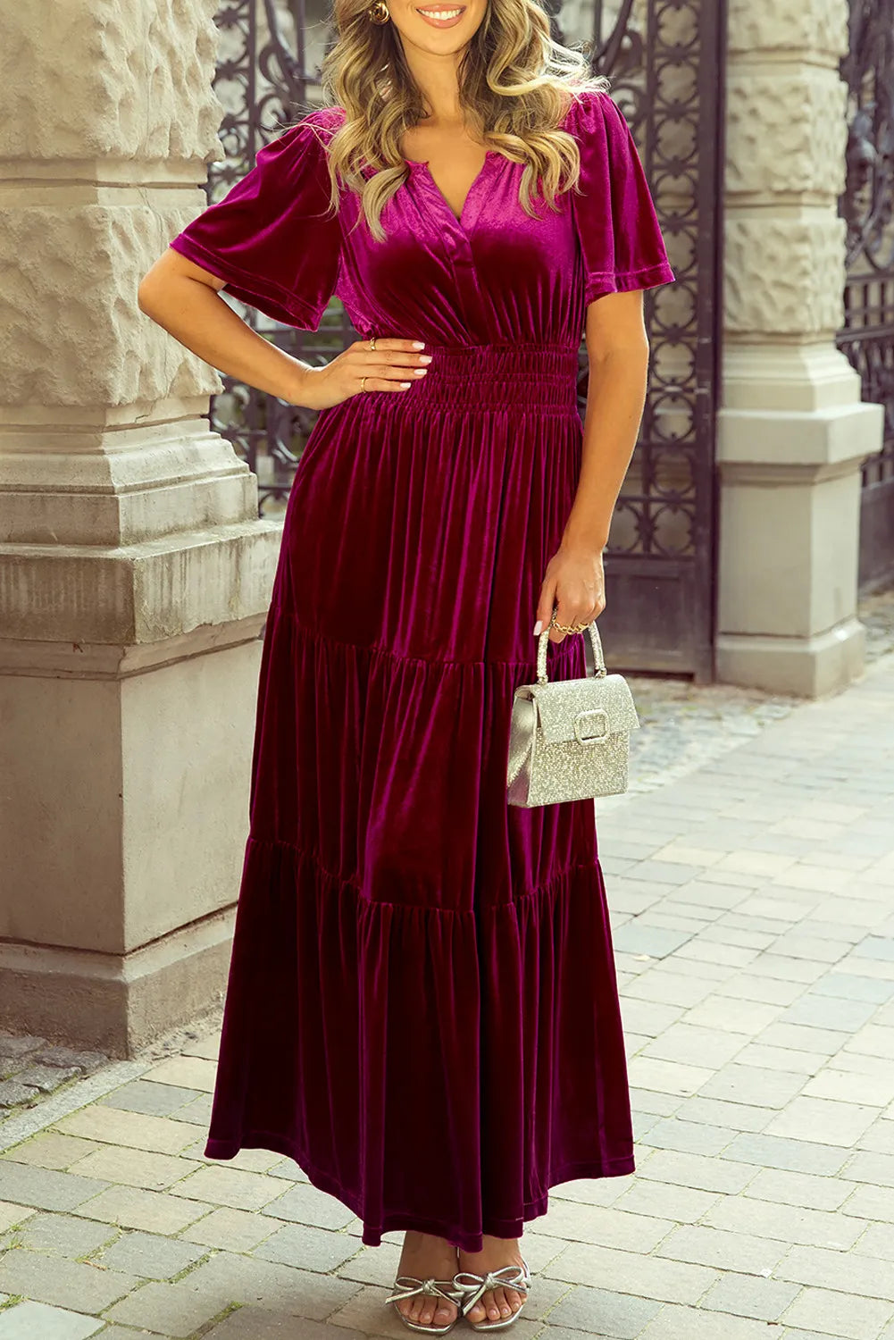 Tiered Short Sleeve Maxi Dress with Pockets, front view