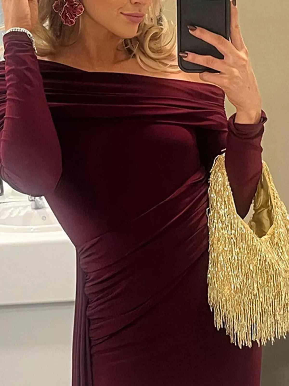 One shoulder ruched maxi dress neckline detail
