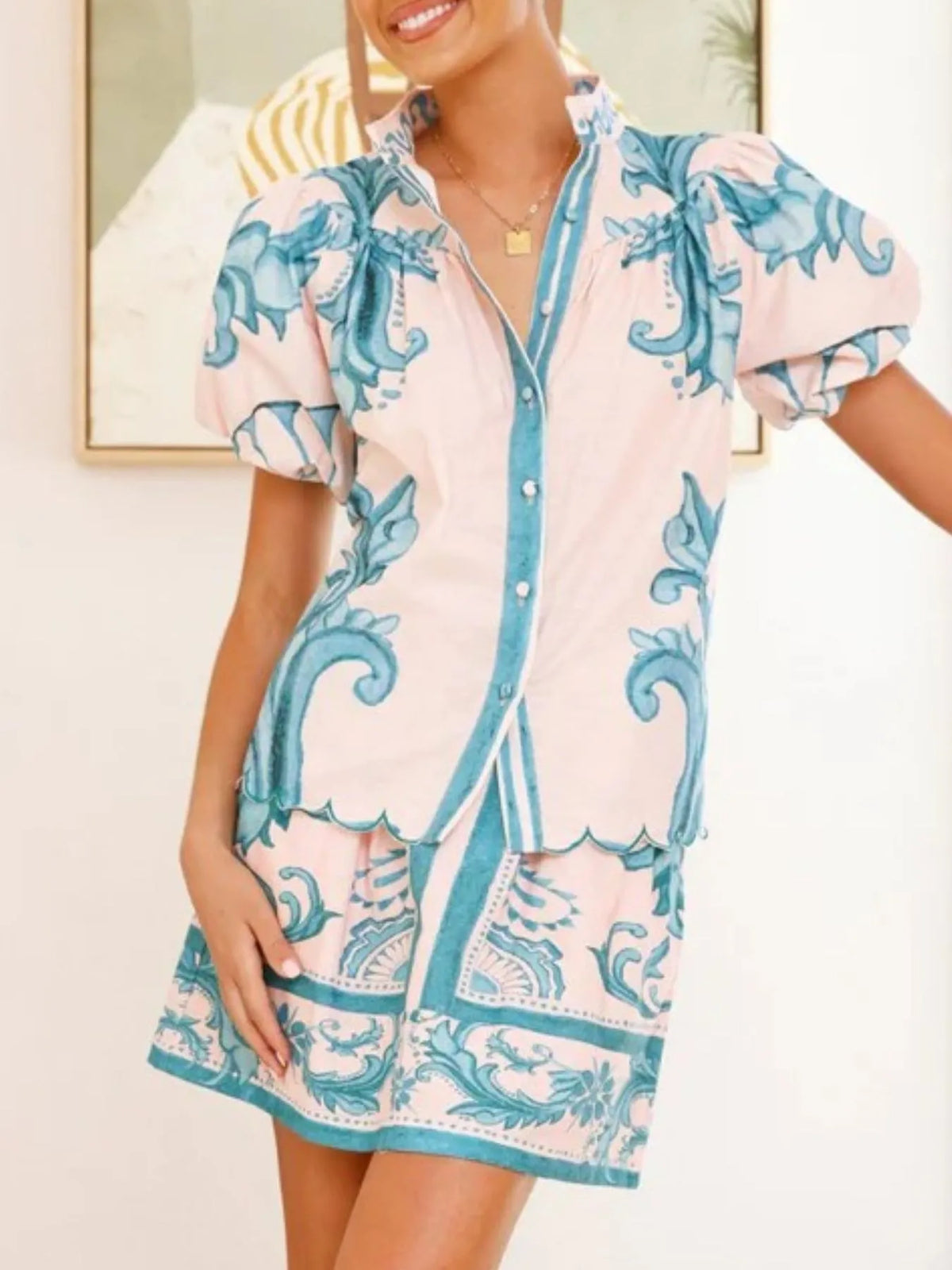 Printed Puff Sleeve Top and Skirt Set, view 7