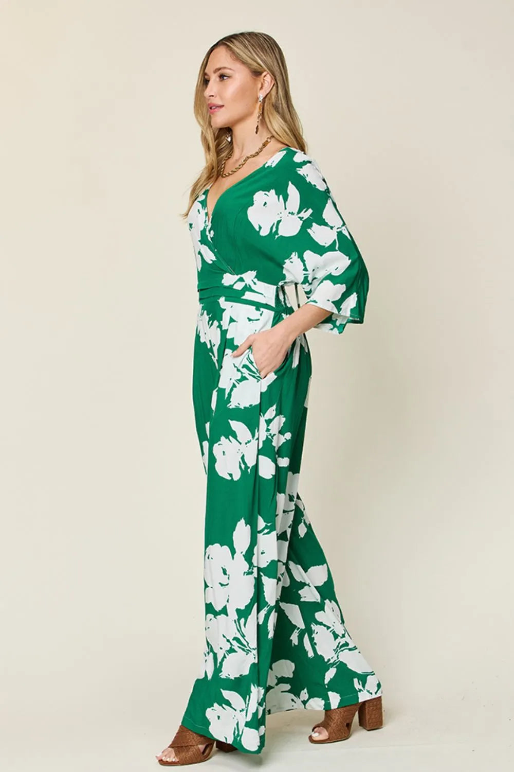 Printed jumpsuit in deep rose front view