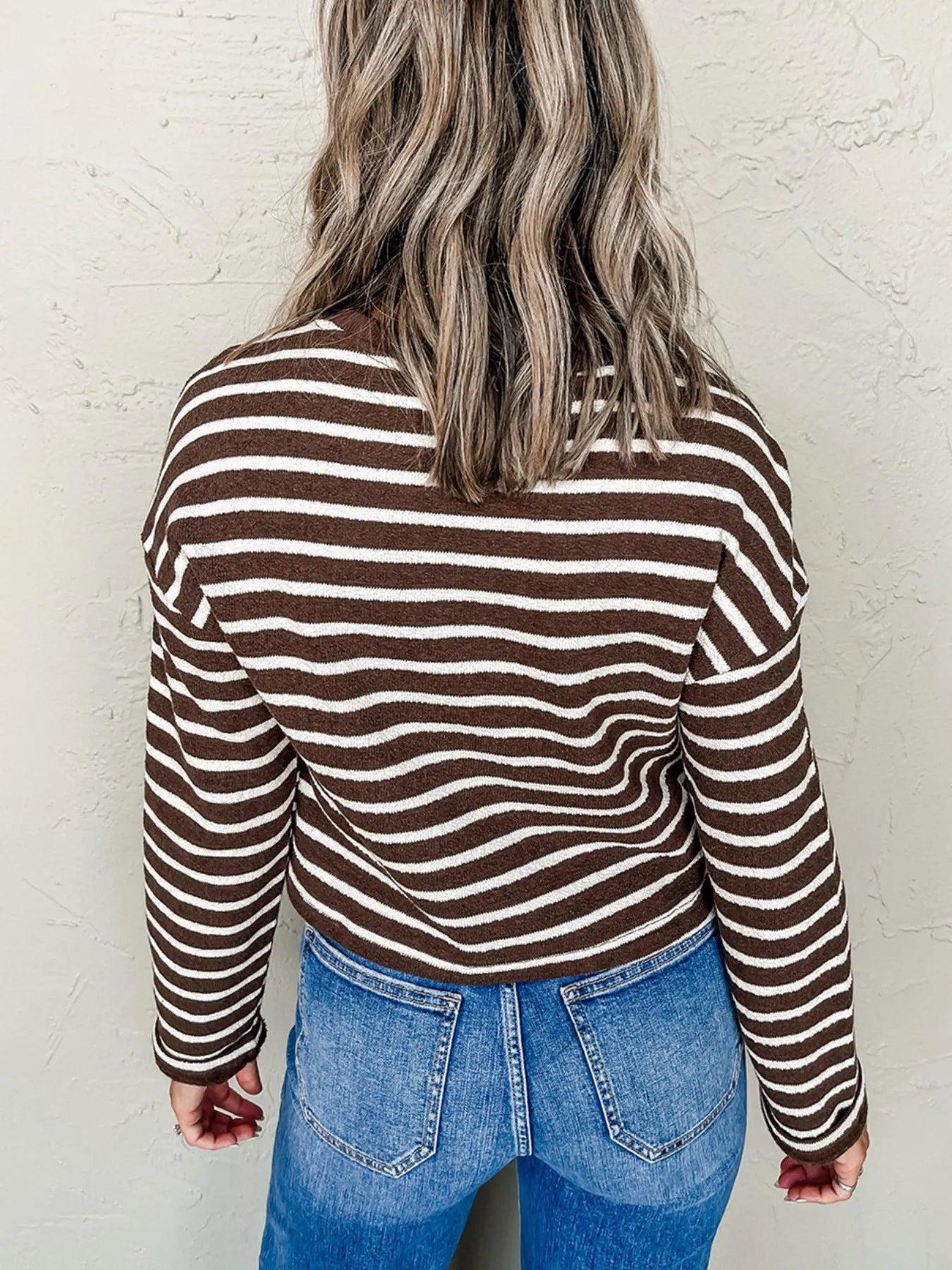 Stripe Cropped Crew Neck Long Sleeve T Shirt - Fashorio