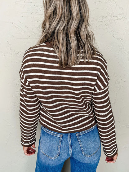 Stripe Cropped Crew Neck Long Sleeve T Shirt - Fashorio