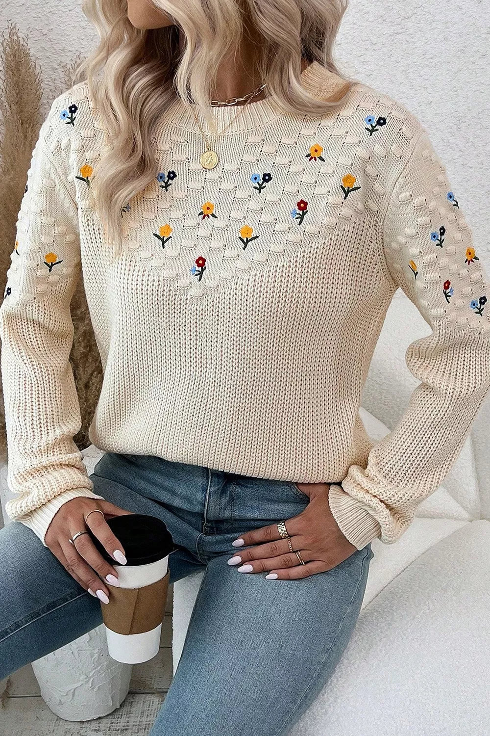 floral embroidered drop shoulder sweater beige knit texture close up
