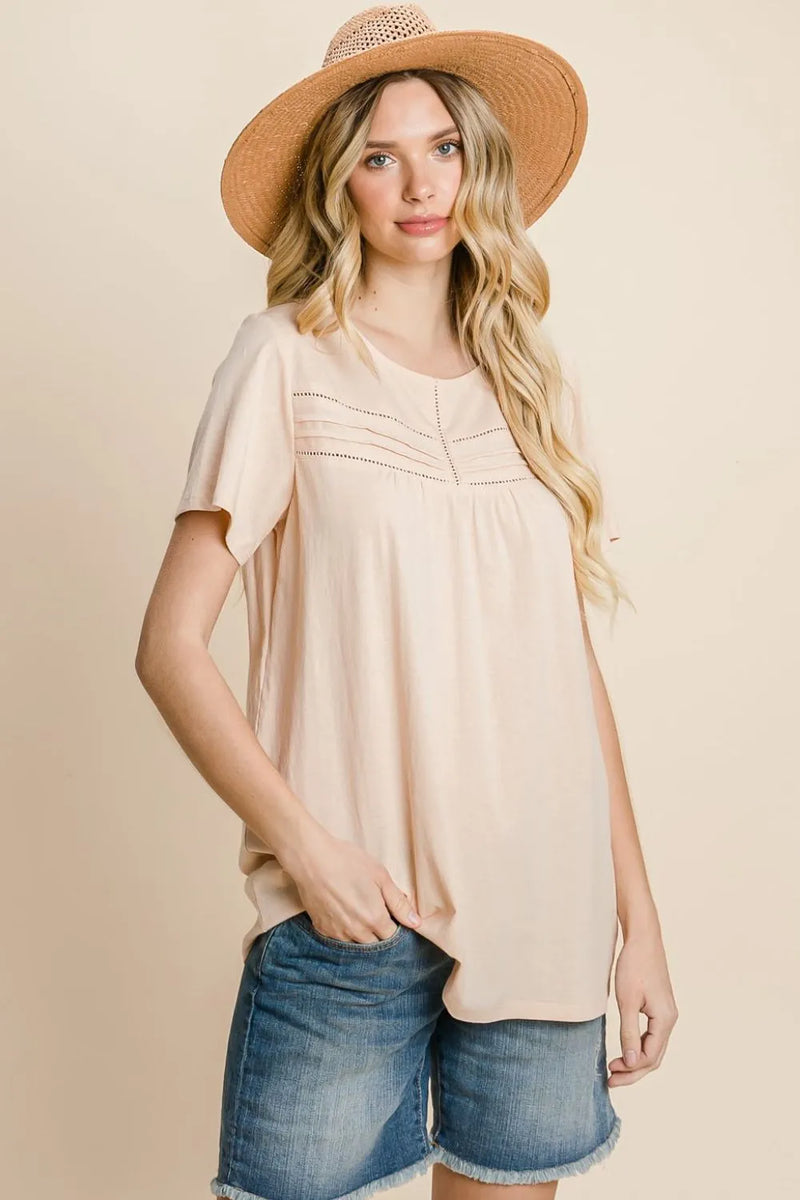 Eyelet round neck short sleeve tee front view